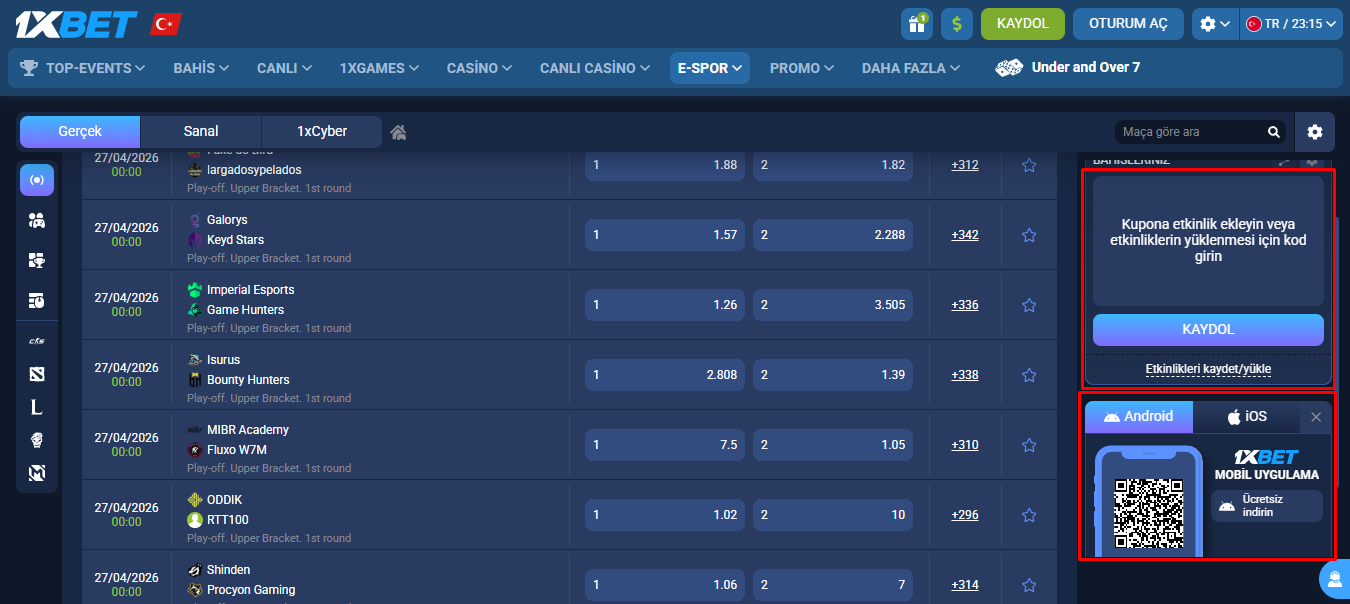 1xBet mobil uygulamasında Papara ile para yatırma ve espor bahis kuponu hazırlama adımları.